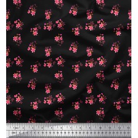 Soimoi Black Cotton Duck Fabric Leaves & Periwinkle Floral Print Fabric by The Yard 42 Inch Wide