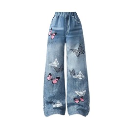 MakeMeChic Girl's Butterfly Pants Elastic Waist Wide Leg Summer Y2K Trousers Blue 9Y