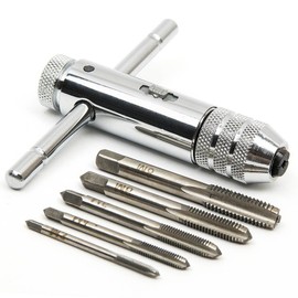 QISF Adjustable Silver T-Handle Ratchet Tap Holder Wrench with 5pcs M3-M8 3mm-8mm Machine Screw Thread Metric Plug T-Shaped Tap
