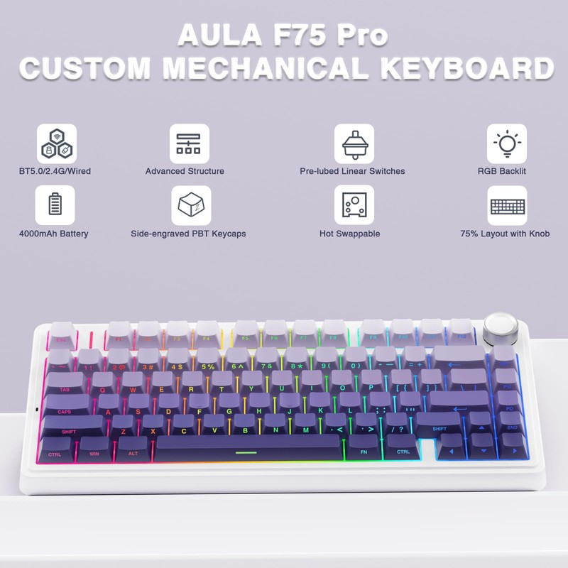 AULA F75 Pro Wireless Mechanical Keyboard,75% Hot Swappable Custom Keyboard,RGB