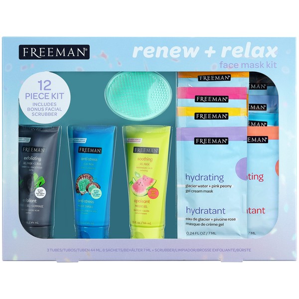 FREEMAN Limited Edition Renew & Relax Mask Kit, Face Masks To Soothe, Rejuvenate, and Deep Cleanse Pores, Facial Mask Variety, Silicone Mask Applicator, Cruelty Free Skincare, 12 Piece Gift Set