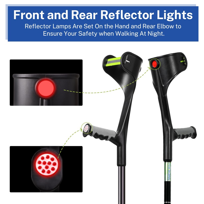 Forearm Crutches for Adults,Open Cuff,Handle with Light Reflector,Foldable and Height-Adjustable