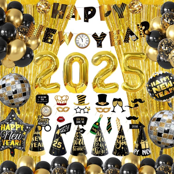 MEHOFOND New Years Eve Party Supplies, Black and Gold Happy