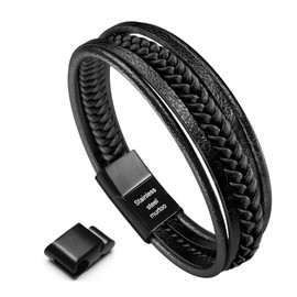 murtoo Bracelet for Man Black Leather Mens Unisex Cuff Wrap Bracelet Brown Black Multi-Layer Magnetic Clasp Rope Wristband (Black, 8'')