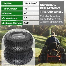 AR-PRO (2-Pack) 15x6.00-6" Tire and Wheel Assemblies, 4-Ply Tubeless Front Tire for Riding Mower Lawn Tractor, 3" Centered Hub and 3/4" Bushings