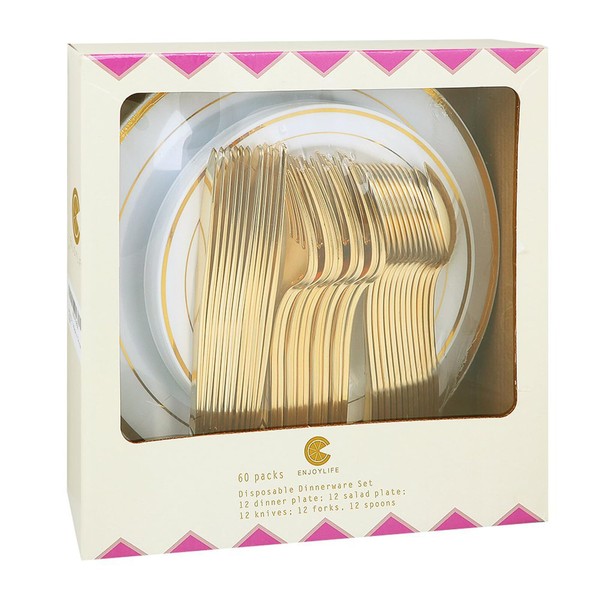 supernal 60pcs Gold Plastic Dinnerware Set Includes Gold Plastic Plates