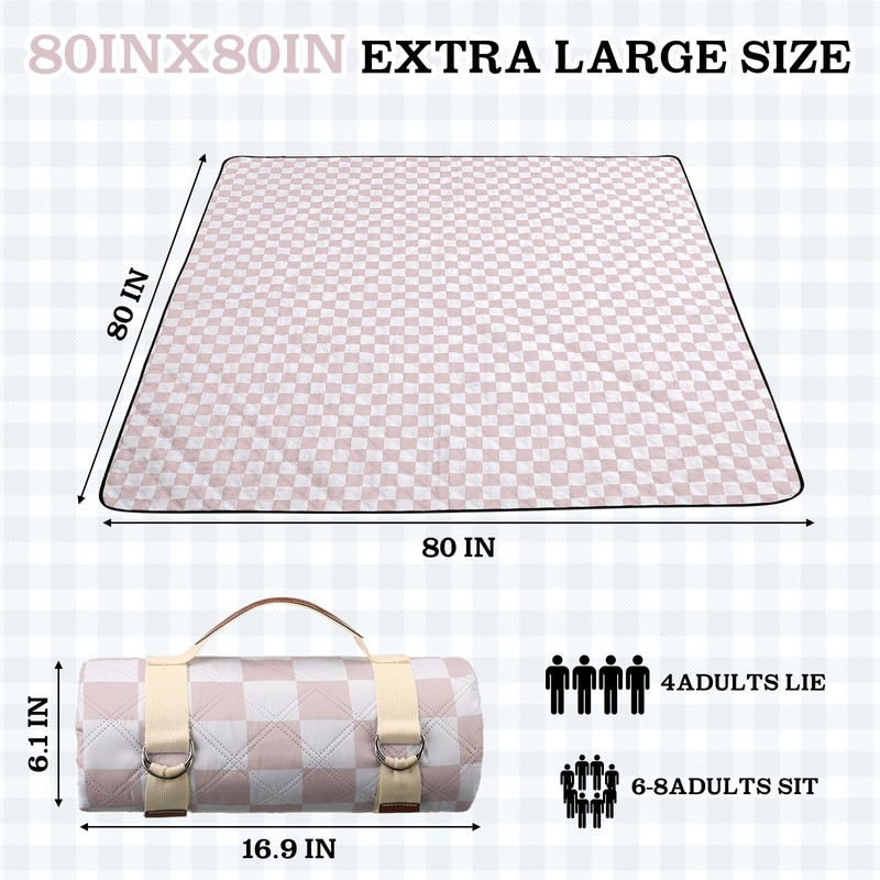 Nuanchu Checkered Picnic Blanket Extra Large Outdoor Blanket Sandproof 80"x80"