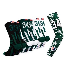 Forever Fanatics Basketball Socks For Men & Boys Crew Socks With Basketball Arm Sleeve - Made in USA (Set 34 Black/Green, 11-18 Years)