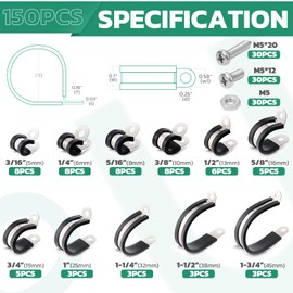 OURU 150PCS Cable Clamps with Screws Assortment Kit 304 Stainless Steel Rubber Coated Cushioned Insulated Wire Pipe Clamps 11 Sizes—3/16" 1/4" 5/16" 3/8" 1/2" 5/8" 3/4" 1" 1-1/4" 1-1/2" 1-3/4"