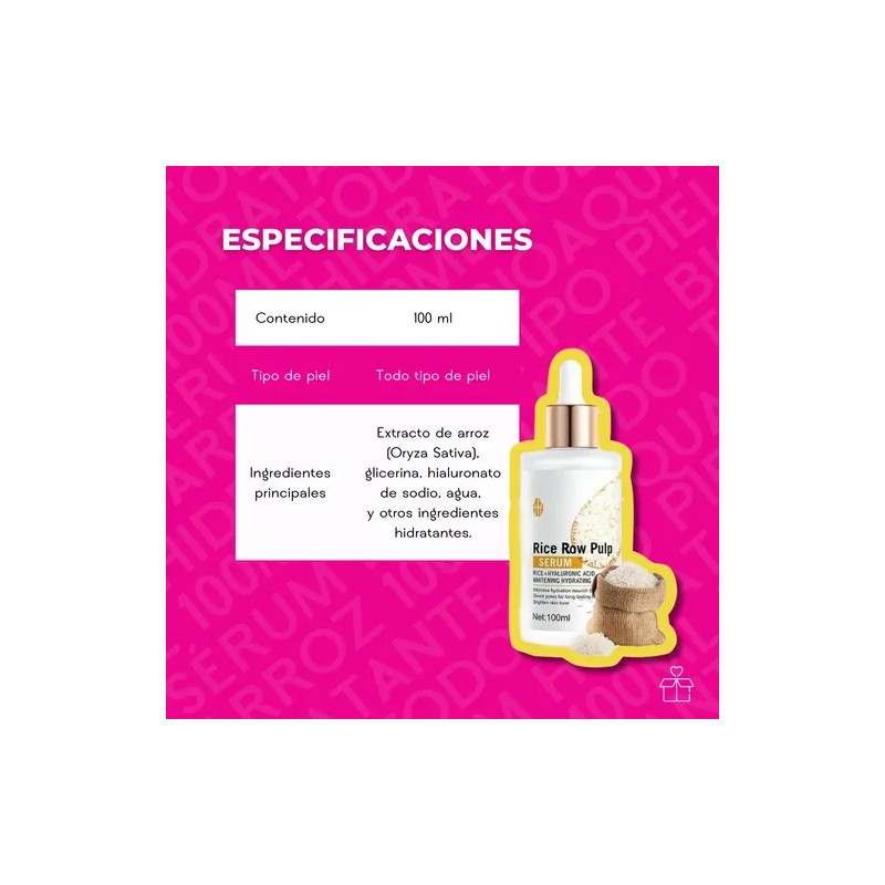 Sérum de Arroz, Hidratante y Aclarante, Todo Tipo de Piel,