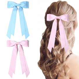 2PCS Double Layer Silk Satin Bow Hair Clip with Non-Slip Metal Clip for Women & Girls - Elegant Adjustable Ribbon Hair Accessories for Weddings, Parties, Daily Use (Blue & Light pink)