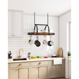 CHOEZON Hanging Pot Rack, Pot Hanger for Kitchen, Ceiling Mounted Pot Holder, Cookware Organizer with 12 S-Shaped Hooks, for Pot, Pan Storage, Space-Saving, Rustic Brown and Black TPR08BFC1
