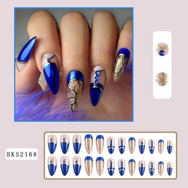 Press on Nails Almond Blue 24Pcs Glossy Full Cover Acrylic Medium Reusable Rhinestone False Nails with Gold Line Designs Natural Artificial Almond Fake Nails with Glue Stick on Fingernails for Women