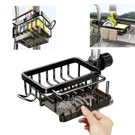 Kitchen Sink Faucet Organizer, Multifunction Sponge Holder for Kitchen Sink with Hook and Self Draining Tray,for Bathroom, Scrubbers, Soap, Work with 0.7-1.1inch Round Water Pipe (Left)