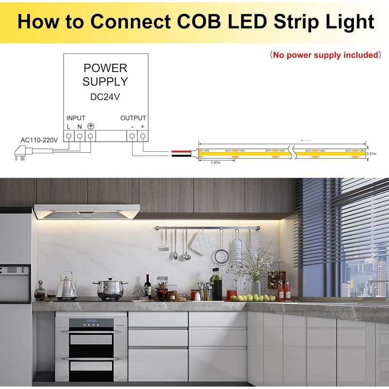 BERIXDEEP 20 m COB LED Strip, 480 LEDs/m, 8 mm,