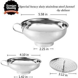 Canning Funnel with Strainer for Wide and Regular Mason Jars - Wide-Mouth Funnels for Kitchen Use - Canning Supplies Kit - Stainless Steel - 3 Pack (Small and Large), (Wide Funnel Set)