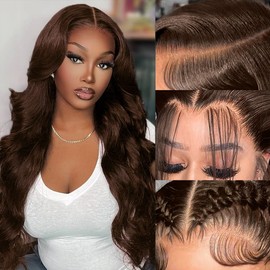 22" 13x4 Glueless Wigs Human Hair Pre Plucked Pre Cut with Baby Hair, 210% Density 12A Brazilian Body Wave Lace Front Wigs Human Hair, Chocolate Brown HD Transparent Wear and Go Wigs for Black Women