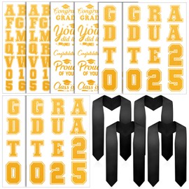 Jetec 8 Sheets Graduation Stole 2025 Iron on Letters Patches with 4 Pcs Congrats Grad Sash Class of 2025 Bulk DIY Iron on a to Z Numbers Decals Stickers Transfer for Cap Fabric Clothing(Black)