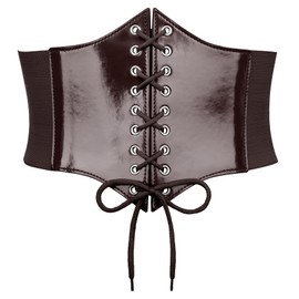 WERFORU Women's Tied Waspie Belt, Wide Lace-Up Corset Elastic Waist Belt, O-Coffee (Smooth Leather)