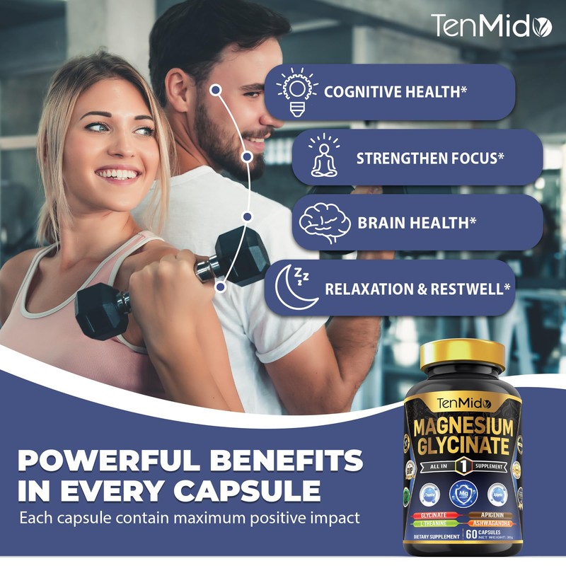 Tenmido Pure Magnesium Glycinate Supplements - 4in1 with L-Theanine, Ashwagandha,