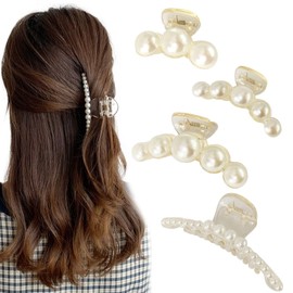 MJIYSGS 4 PCS Large Pearl Hair Claw Clips, Non-slip Strong Hold Jaw Clamp, Styling Accessories for Women and Girls With Thick or Thin Hair