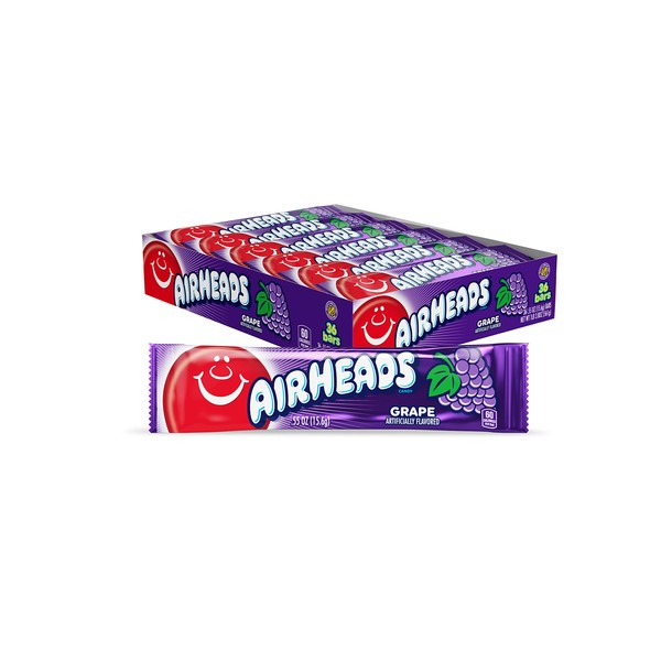 Airheads Candy, Grape Flavor, Individually Wrapped Full Size Bars, Taffy, Non Melting, Party, Pack of 36 Bars