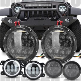Unbranded For 2007-2018 Jeep Wrangler JK 7'' inch LED Headlights Lights Fog Turn Combo