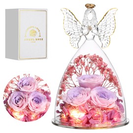 Tiaronics Mothers Day Rose Gifts for Her, Glass Angel Figurine with Three Roses Gifts,Preserved Forever Real Rose Gifts for Women, Angel Guardian with Rose Flower Gift, PinkpurplePink