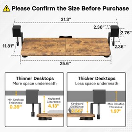 BONTEC KMT01 Under Desk Keyboard Tray, Pull-Out Keyboard & Mouse Platform with C-Clamp, 25.6 x 11.8 in Space-Saving Ergonomic Slide-Out Drawer, Rustic Brown
