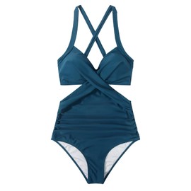 RXRXCOCO Women Front Cross One Piece Swimsuit Tummy Control Cross Back Monokini Bathing Suit for Women Blue Medium