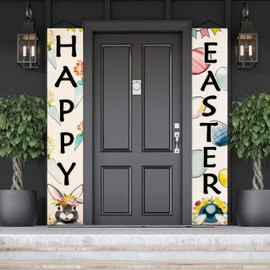 BlissYard Happy Easter Banners Easter Couplet 70x12 Inches Easter Porch Signs Bunny and Eggs Easter Backdrop Easter Bunny Decor for Spring Party Outdoor Door Decor Easter Decorations Outdoor