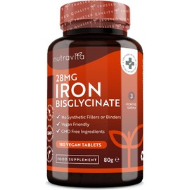 Iron Tablets 28mg – 180 Vegan Tablets (3-Month Supply) – Supports Energy & Reduces Tiredness & Fatigue – Iron Supplement for Men & Women – Made in the UK by Nutravita