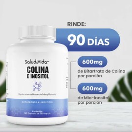 Colina E Inositol 1200mg Por Porción (2 al Día) - 180 Cápsulas - 600mg De Colina Y 600mg De Inositol - S&V - 90 Días De Suministro - Sin OMG, Sin Gluten