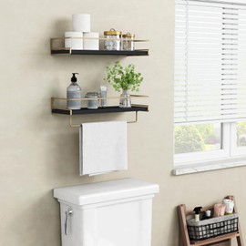 Forbena Black and Gold Floating Shelves for Wall, Bathroom Wall Shelves Over Toilet, Wood Hanging Shelves Wall Mounted for Kitchen Coffee Bar (Black and Gold)