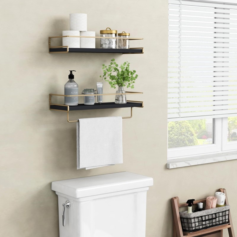 Forbena Black and Gold Floating Shelves for Wall, Bathroom Wall
