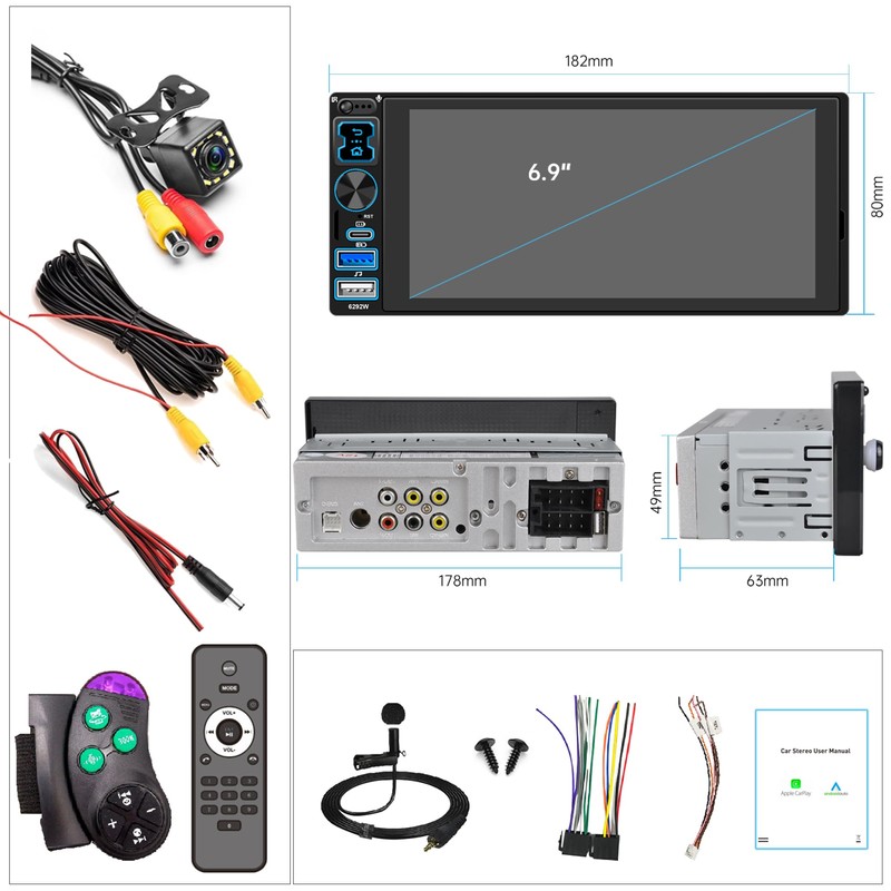 Single DIN Car Stereo Radio with Wireless Apple CarPlay &