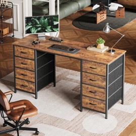 Huuger 55 Inch Computer Desk with 8 Drawers, Office Desk Work Desk for Home Office, Study, Gaming Desk with Fabric Drawers, Large Storage, Rustic Brown