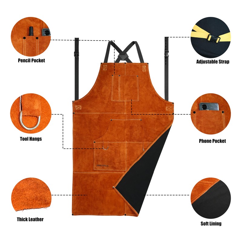 shenwld Leather Welding Work Apron, Heavy Duty Heat & Flame-Resistant