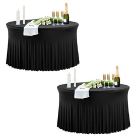 2 Pack Black Round Spandex Tablecloths for 60 Inch Tables, 120 Inch Fitted 5 ft Round Tableclothes, Wrinkle Free Stretch Round Spandex Table Covers with Skirt for Banquet Wedding Birthday Party