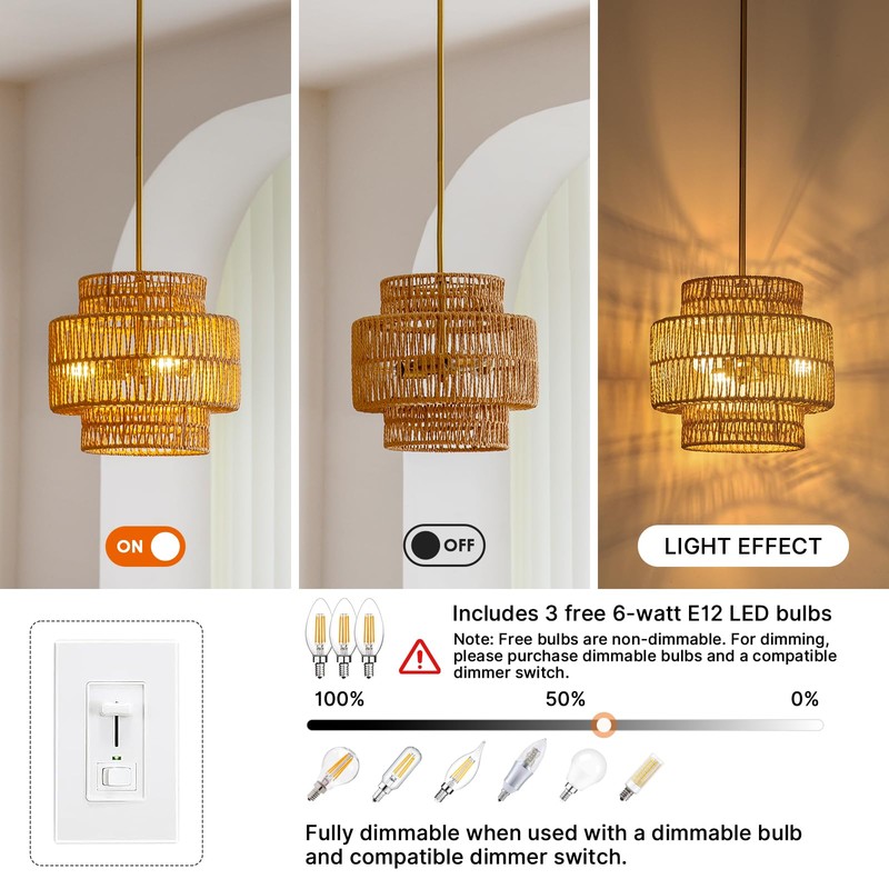 MODIVO Boho Rattan Pendant Light for Kitchen Island & Dining