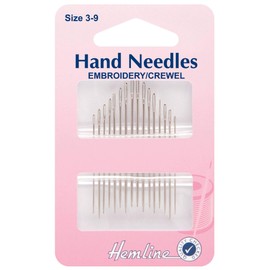 Hemline Hand Sewing Needles - Embroidery/Crewel size 3-9. Pack of 16