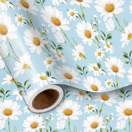 LeZakaa Daisy Wrapping Paper Roll for Girls Women, Light Blue Daisy Fresh CheerfuDesign, for Spring Summer Baby Shower, Bridal Shower, Mini Roll 17 in x 16.4 Ft