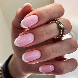 24Pcs Short False Nails - Almond French Tip False Nails - Nude Pink White Edge Tip Press on Nails Oval - Glossy Full Cover Fake Nail with Glue Stickers Acrylic Stick on Nails for Women Nail Art