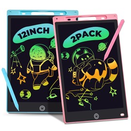 LCD Writing Tablet, 2 Packs Drawing Pads for Kids 3 4 5 6 Years Old 12 Inch Colorful Lines Doodle Scribble Boards Educational Toys for Boys Girls Road Trip EssentialsTravel Game Toys,Pink+Blue