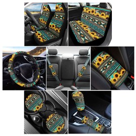 Wanyint Southwest Aztec Sunflower Car Seat Covers Full Set, with Front Rear Seat Protector Steering Wheel Cover Seat Belt Strap Cover Armrest Pad Handbrake Cover Gear Shift Cover Coasters Auto Decor