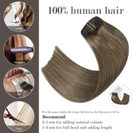 Honsoo Hair Extensions Real Human Hair Ash Brown Clip in Hair Extensions Real Human Hair 70g 7pcs 22Inch Straight Clip in Human Hair Extensions Soft Natural No Shedding No Tangles