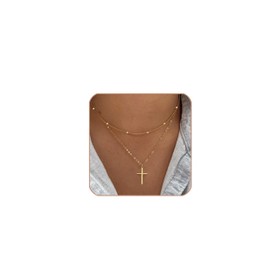 Poxtex 14K Gold Plated Cross Necklace for Women with Satellite Bead Choker | Dainty | Delicate | Simple Fashion Jewelry Gifts