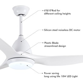 52" Ceiling Fans with Lights Remote Control, Low Profile Ceiling Fan with LED Lights for Bedroom, Modern Ceiling Fans for Outdoor, 6-Speed, 3 Colors Temperature Switch, Timer(White)