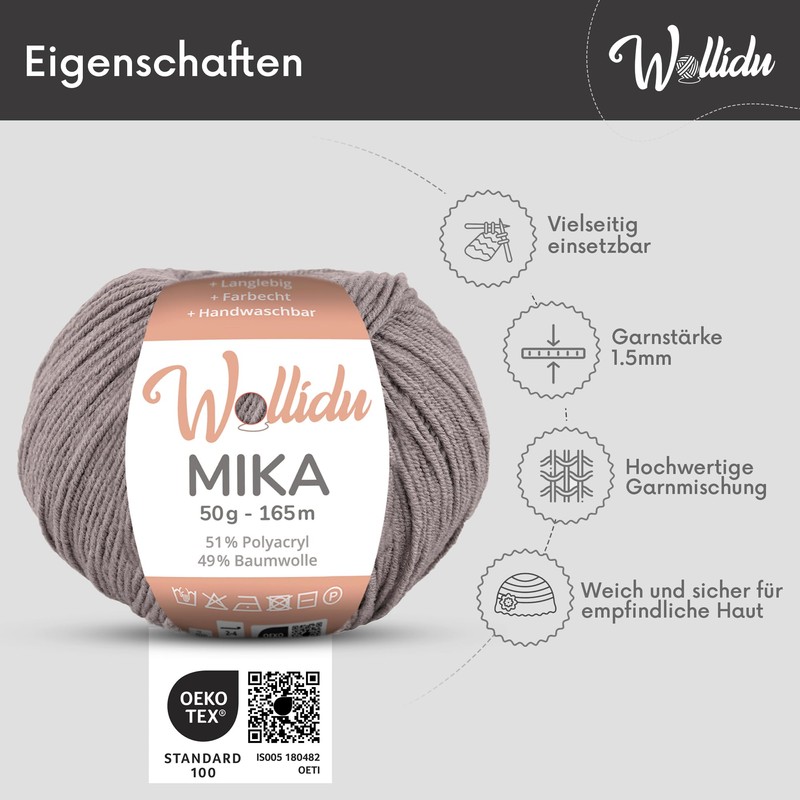 Wollidu Mika Knitting and Crochet Yarn, 51% Polyacrylic, 49% Cotton,