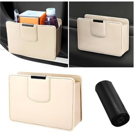 TSUGAMI Car Door Trash Can, PU Leather Car Garbage Bin, Universal Vehicle Mini Leakproof Garbage Can Bin, Portable Foldable Vehicle Interior Hanging Dustbin Accessories for SUV, Truck, RV(Beige)